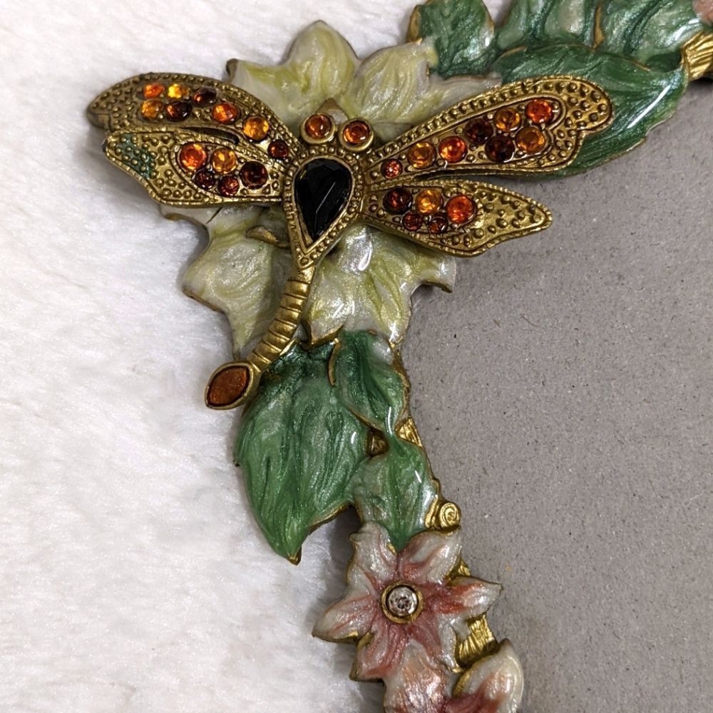 Vintage Enameled Floral Photo Frame w/ Dragonfly & Rhinestone Accents - Picture 5 of 9